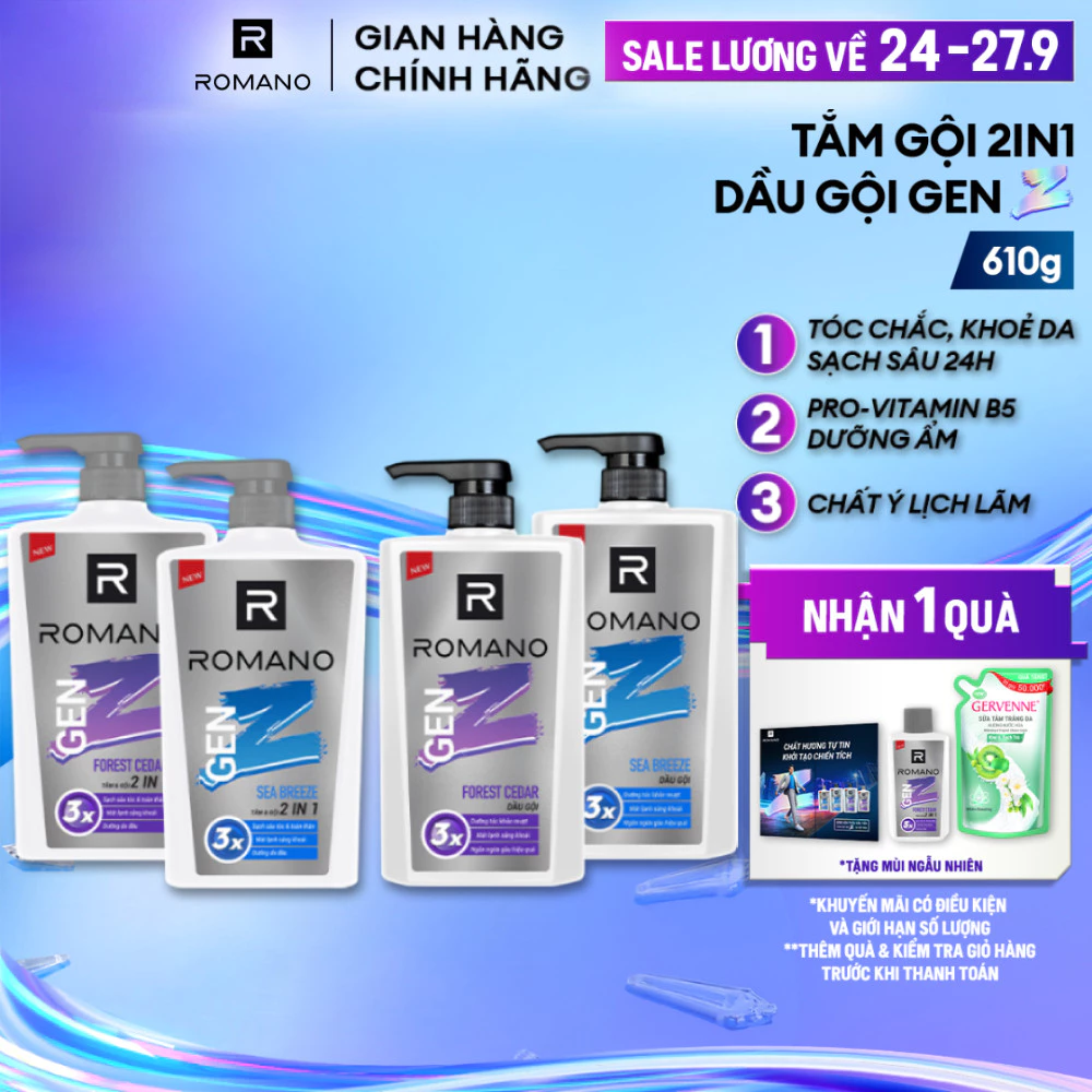 Tắm gội cho nam 2in1 cho nam / Dầu gội nam Romano Gen Z hương Sea Breeze/ Forest Cedar 610g / chai - 2 mùi hương có sẵn