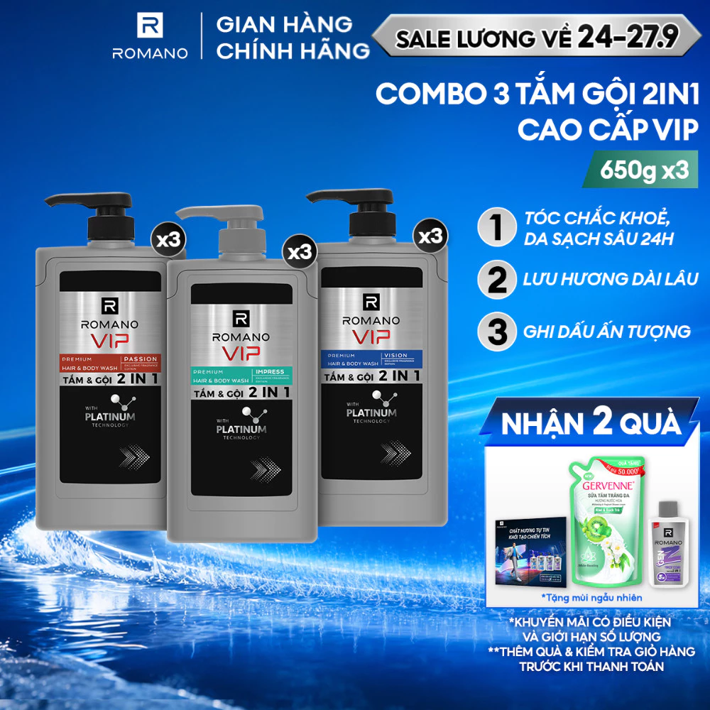 Combo 3 Tắm gội cho nam 2 trong 1 Romano 2in1 VIP Passion / Vision / Impress ( 650g x 3 )