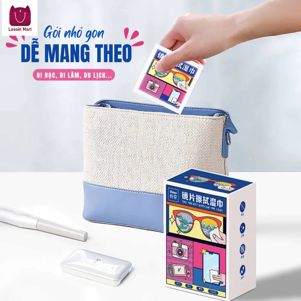 Hộp 100 miếng khăn lau kính dùng một lần, khăn lau kính sợi nhỏ, đóng gói riêng lẻ, dễ dàng mang theo