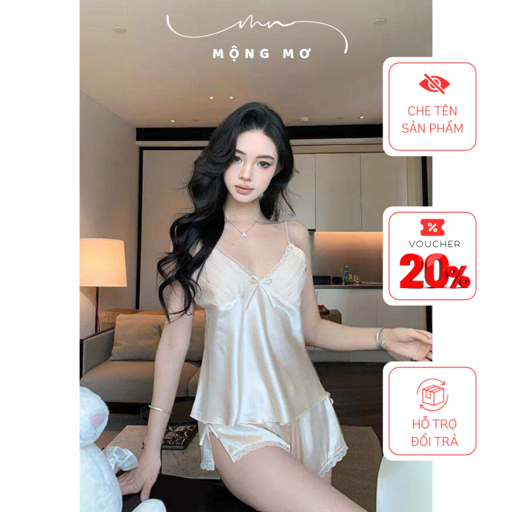 Bộ đồ ngủ lụa satin dành cho nữ phối viền ren xếp ly ở ngực gồm áo 2 dây và quần short xinh xắn V006
