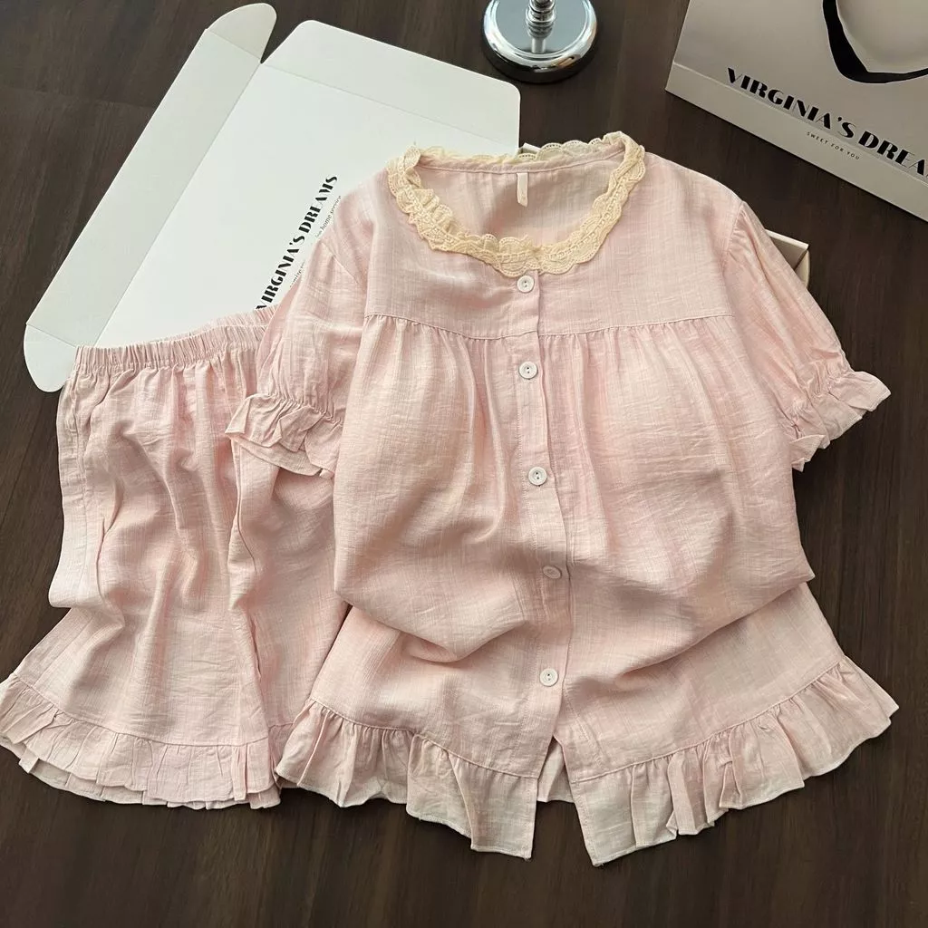 Bộ Đồ Ngủ Nữ Rayon Dệt Mùa Hè Cổ Tròn Có Đệm Ngực Bộ Mặc Nhà Dễ Thương Ngọt Ngào Thoáng Mát Mềm Mại Hàn Quốc