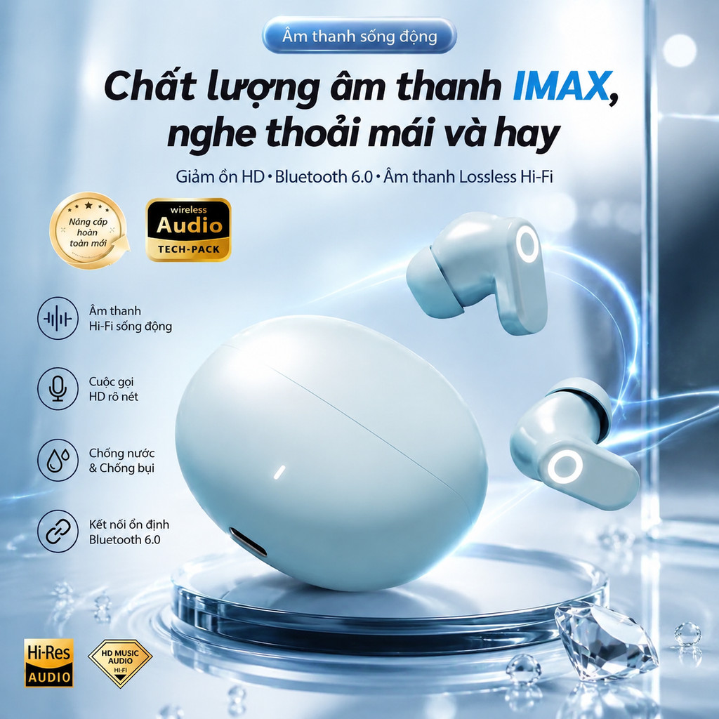 Tai Nghe Bluetooth TWS 6.0 Không Dây Âm Trầm Mạnh Hi-Fi Pin Lâu iPhone Android