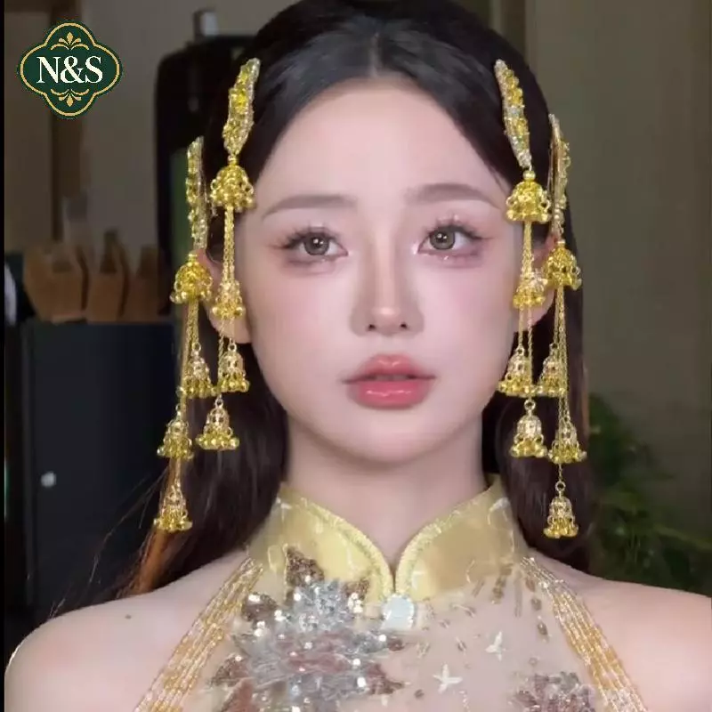 NS Dây Xích Dài sel Kẹp Tóc Cho Nữ Hoa Chuông Hình Kẹp Tóc Cô Dâu Cưới Dân Tộc Tóc Trang Sức NS