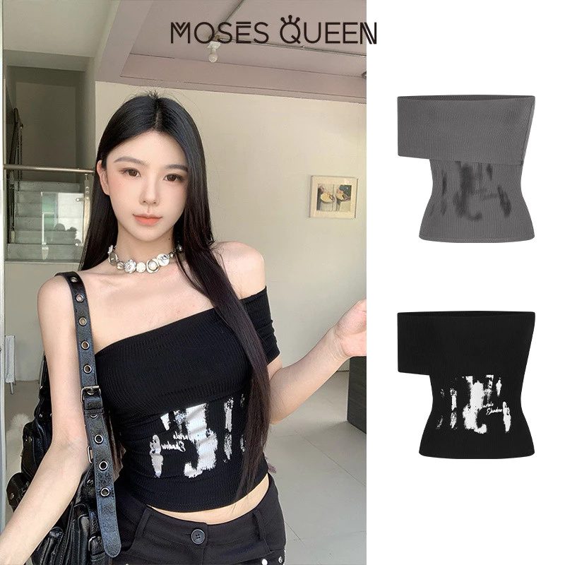 MOSESQUEEN Áo thun nữ dáng slim fit kiểu Mỹ retro, cổ áo thắt dây không cổ, in họa tiết ngắn tay #63690