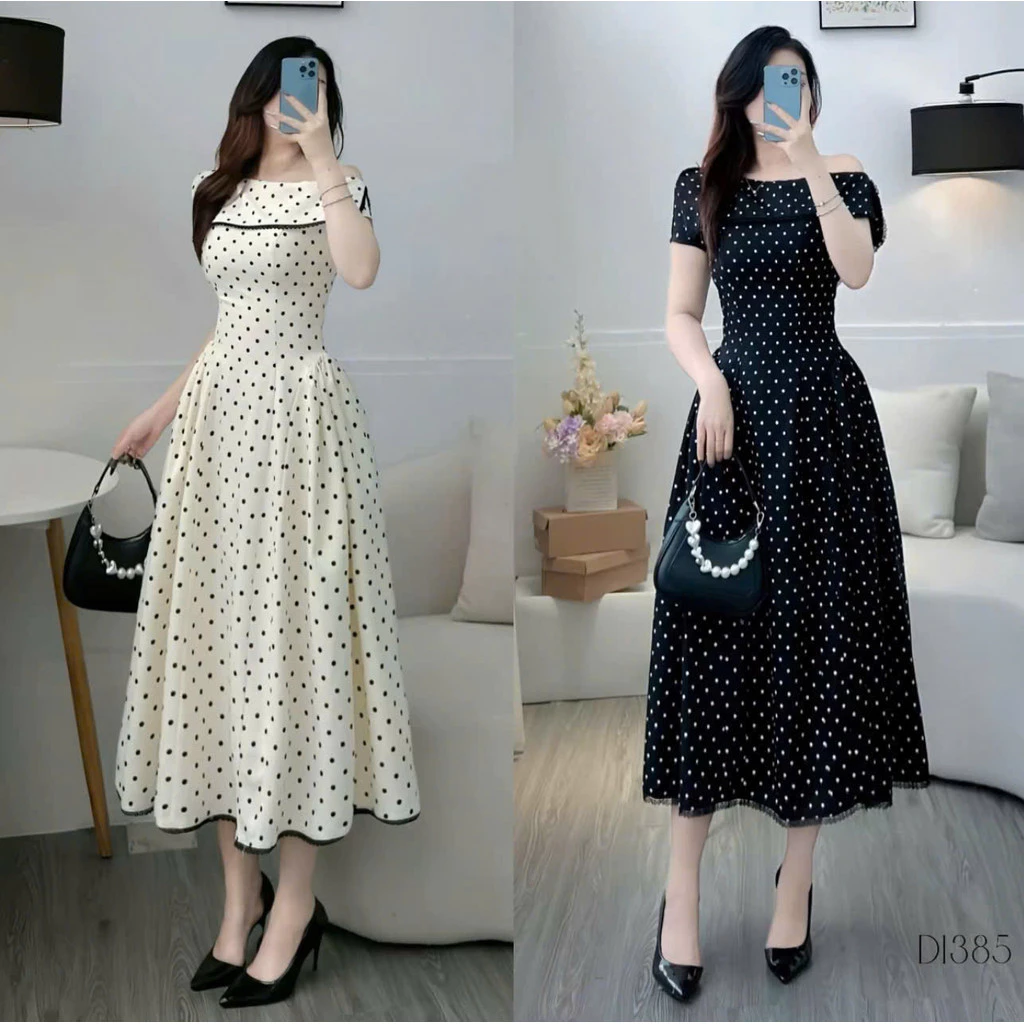 Đầm Dáng Dài Nữ Trễ Vai Họa Tiết Chấm Bi Xinh Xắn Phối Viền REN Nữ Tính Thanh Lịch THOITRANGNAM1986