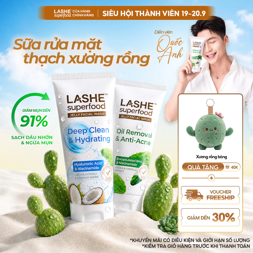 [MỚI] Sữa Rửa Mặt LASHE SUPERFOOD Sạch Sâu, Dưỡng Ẩm Cho Da Khô & Da Nhạy Cảm/Sạch Sâu, Giảm Mụn Cho Da Dầu 120G