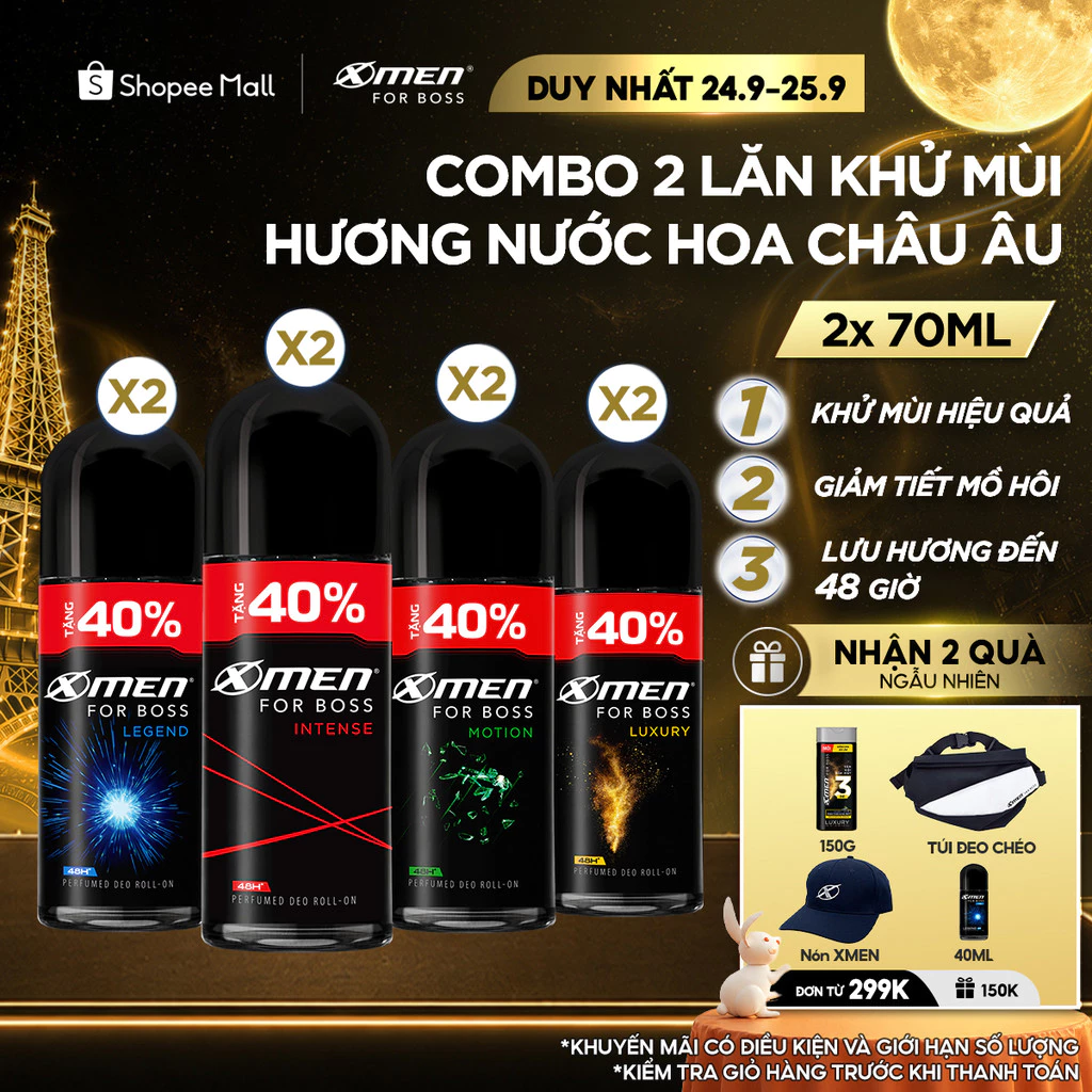 [Tặng thêm 40% dung tích] Combo 2 Lăn khử mùi X-Men For Boss Intense/ Luxury/Legend/Motion 70ml/chai