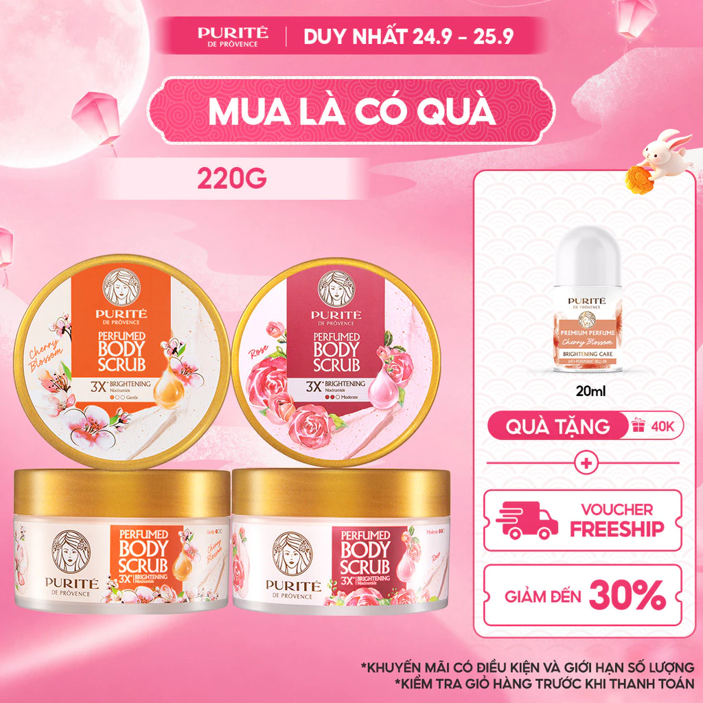 Tẩy Tế Bào Da Chết Dưỡng Sáng PURITÉ Hương Nước Hoa Hoa Anh Đào/ Hoa Hồng 220G
