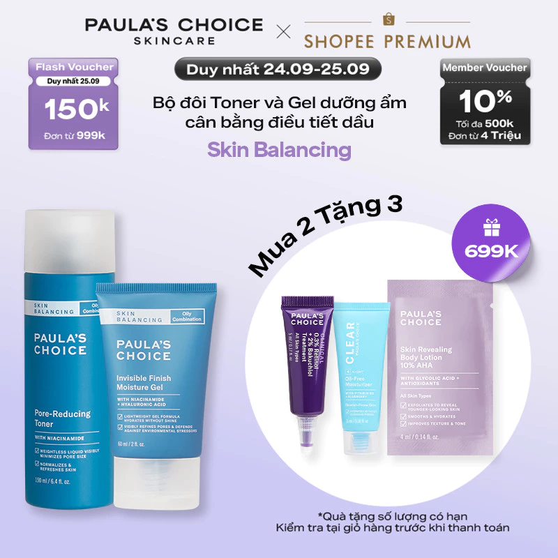Bộ đôi Toner chứa Niacinamide thu nhỏ lỗ chân lông và Kem dưỡng ẩm dạng Gel Paula's Choice kiềm dầu 1350-3400