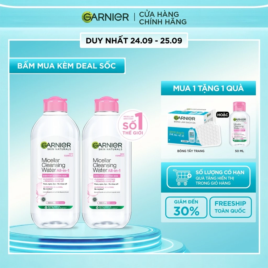 Bộ 2 nước làm sạch và tẩy trang cho da nhạy cảm (nắp hồng) Garnier 400ml x 2