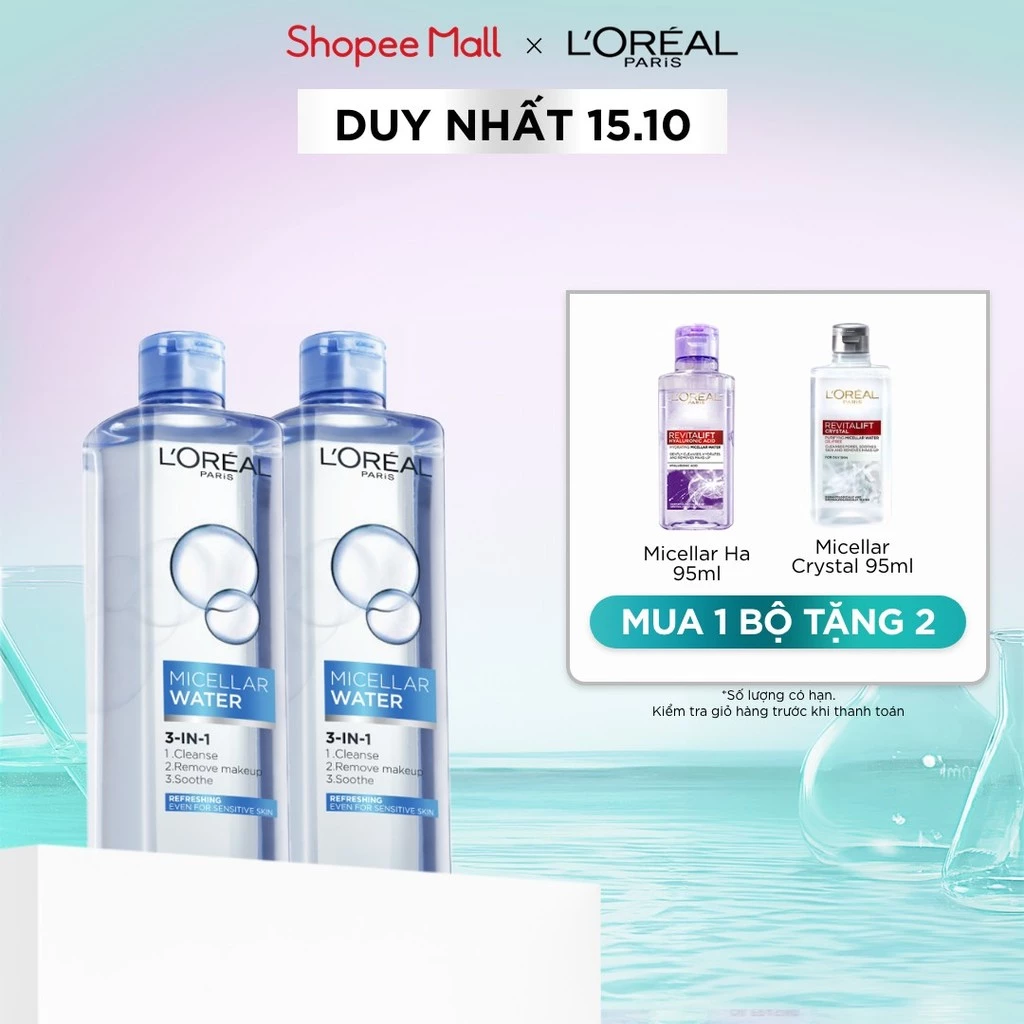 Bộ 2 nước tẩy trang đa năng 3in1 tươi mát L'Oreal Paris (xanh dương nhạt) 400ml