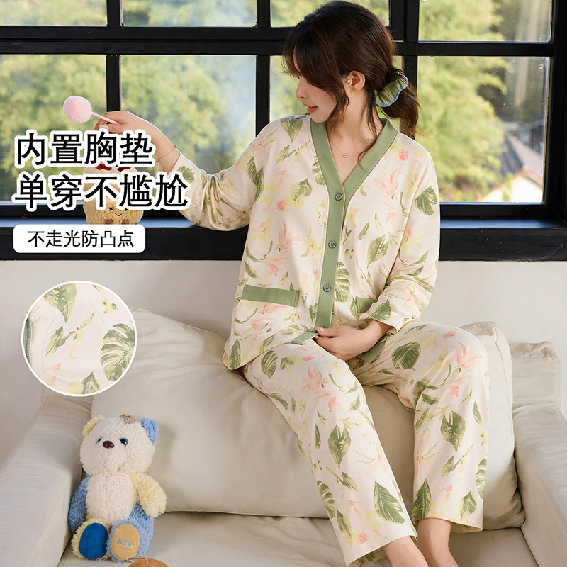 Bộ đồ ngủ nữ cotton 100% tay dài họa tiết hoạt hình dễ thương mặc nhà mùa thu đông