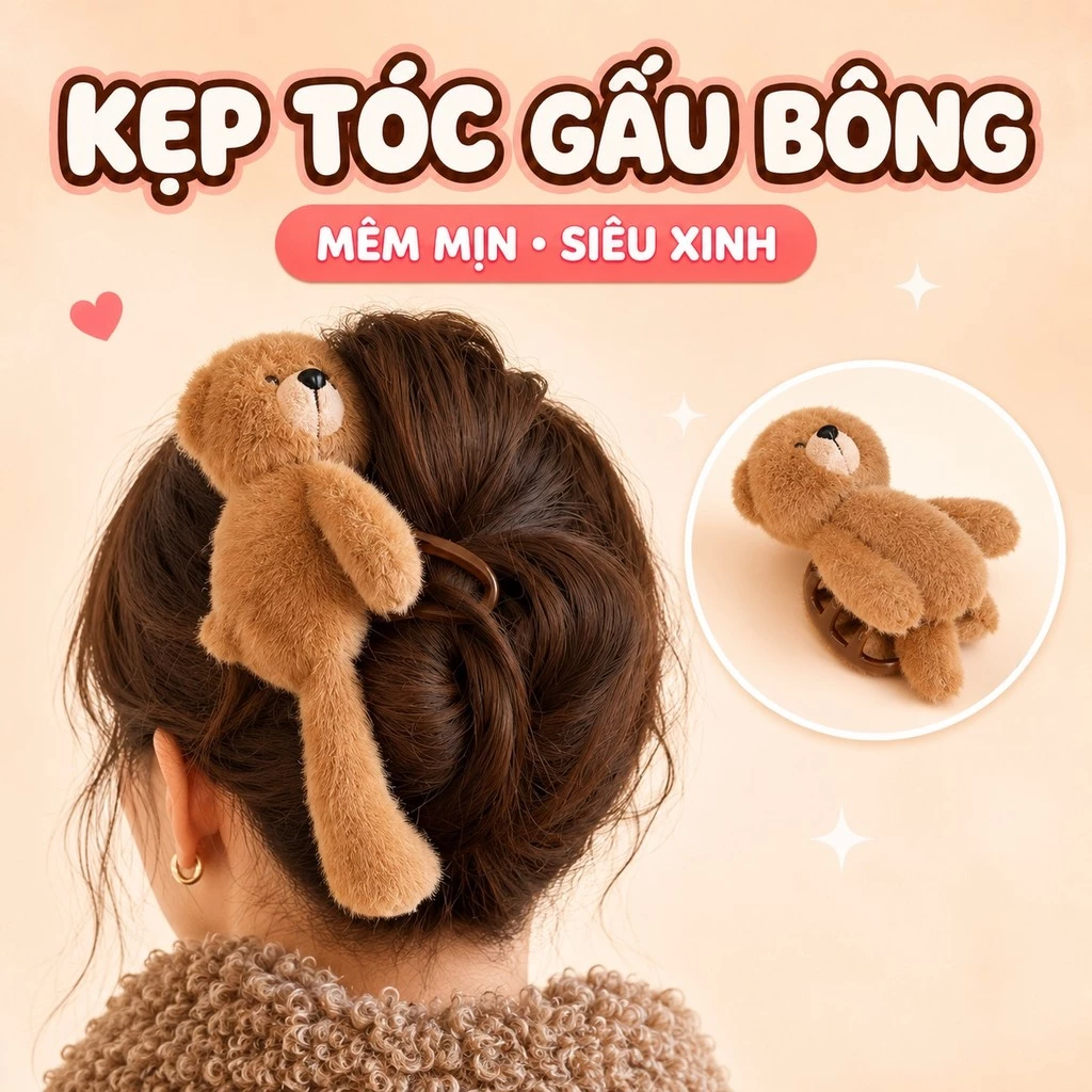 Kẹp Tóc Gấu Bông Teddy Y2K Dễ Thương, Bờm Cài Tóc Nữ Mềm Mại Xinh Xắn Phong Cách Búp Bê