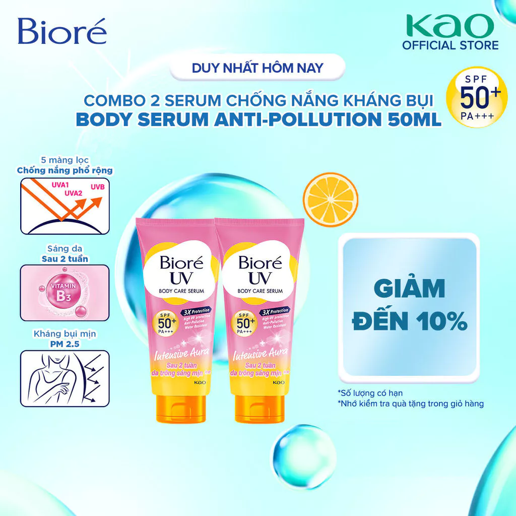 Combo 2 Biore UV Serum Chống Nắng Dưỡng Thể Kháng Bụi - Sáng Da Mịn Màng SPF50+/PA+++ 50ml