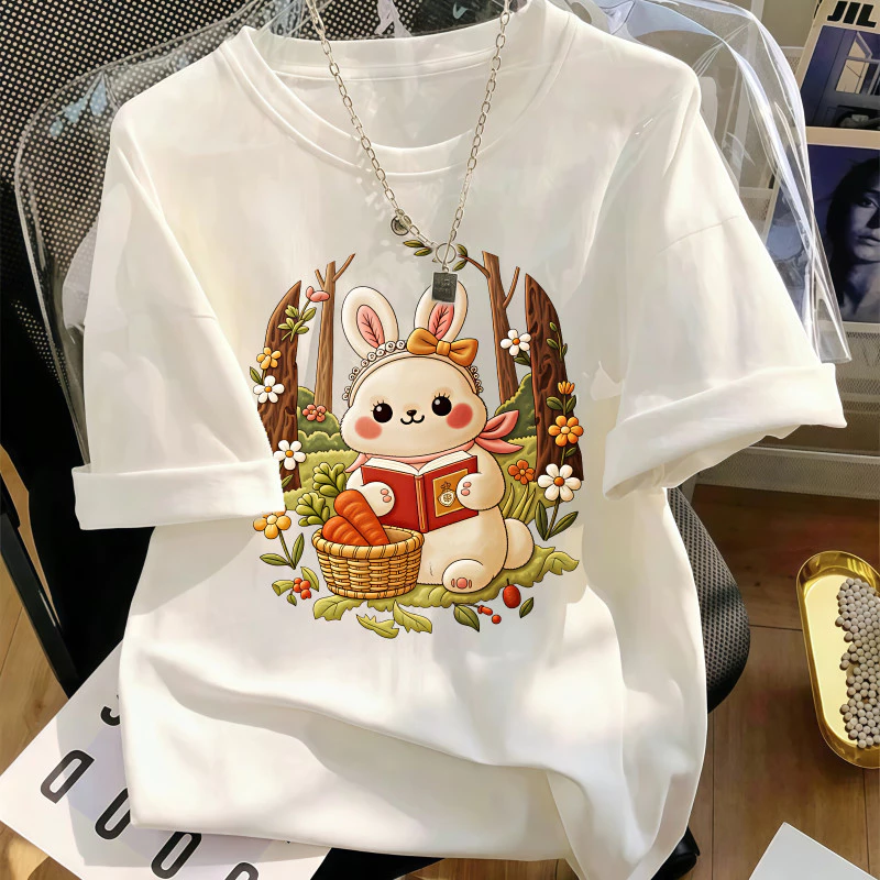 Áo thun nữ thường ngày cổ tròn trắng thỏ dễ thương thời trang đơn giản dễ phối đồ hàng ngày