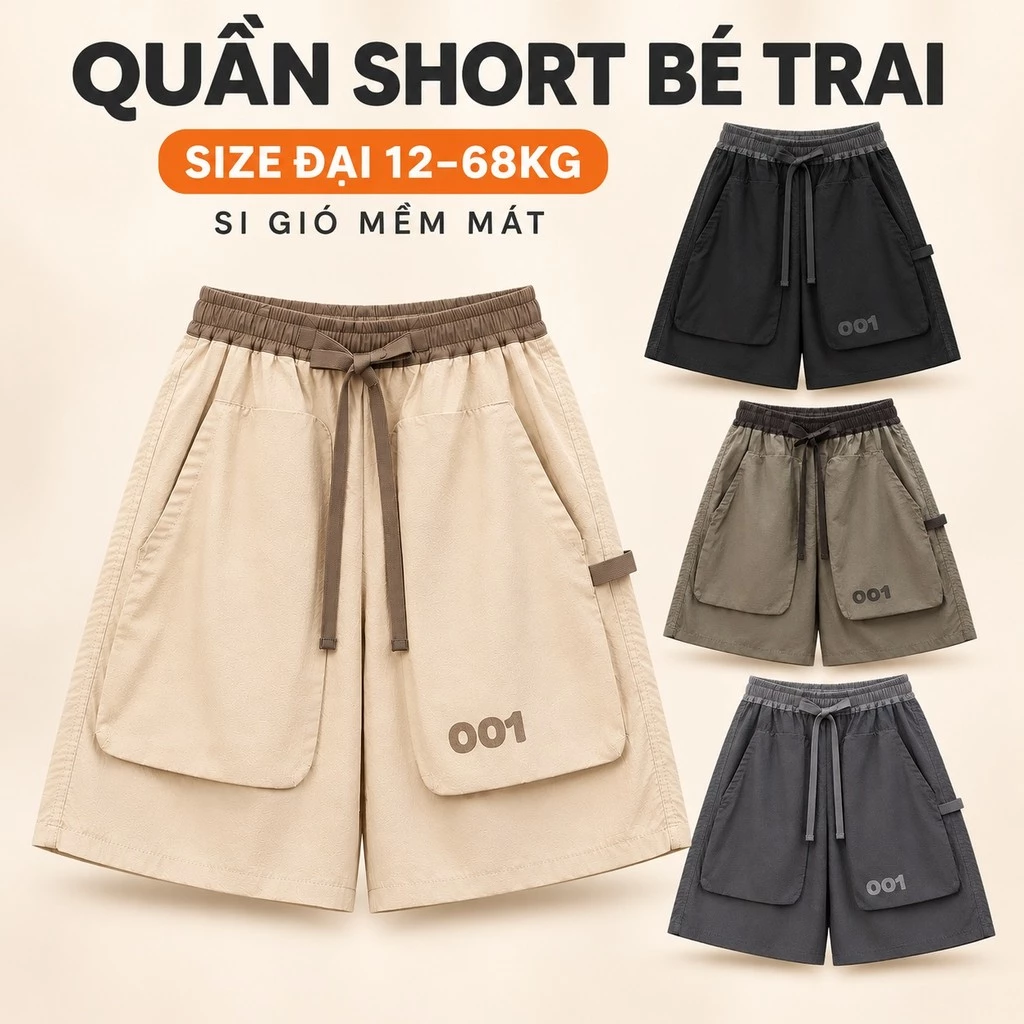 QUẦN SHORT BÉ TRAI TÚI HỘP FORM RỘNG, QUẦN SOOC SI GIÓ MỀM MÁT SIZE ĐẠI 12–68KG THỜI TRANG TRẺ EM Q001