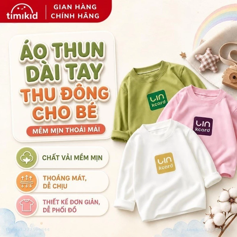 Áo Thun Dài Tay Thu Đông Cho Bé Link Card Chất Mềm Mịn, Thoải Mái Hàng Quảng Châu Cao Cấp