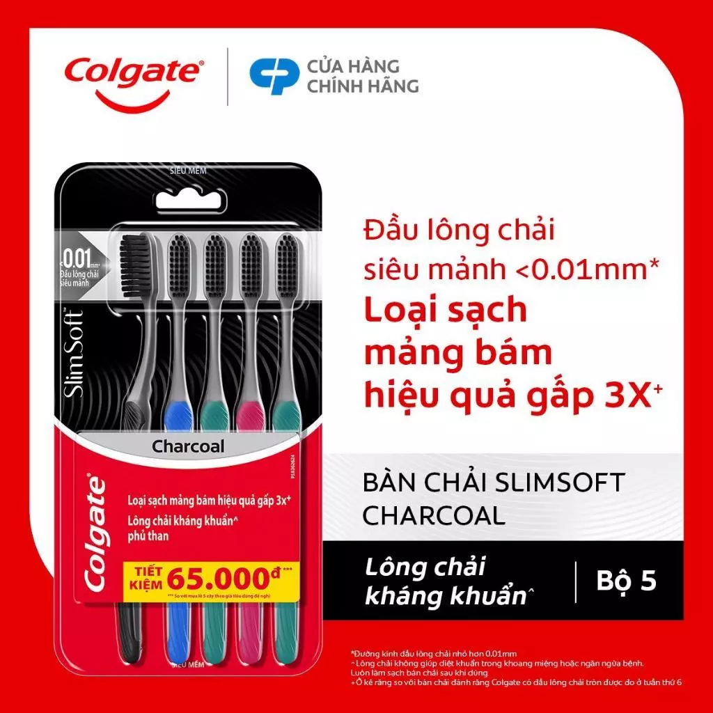 Bộ 5 Bàn chải Colgate SlimSoft Charcoal than hoạt tính kháng khuẩn siêu mềm mảnh