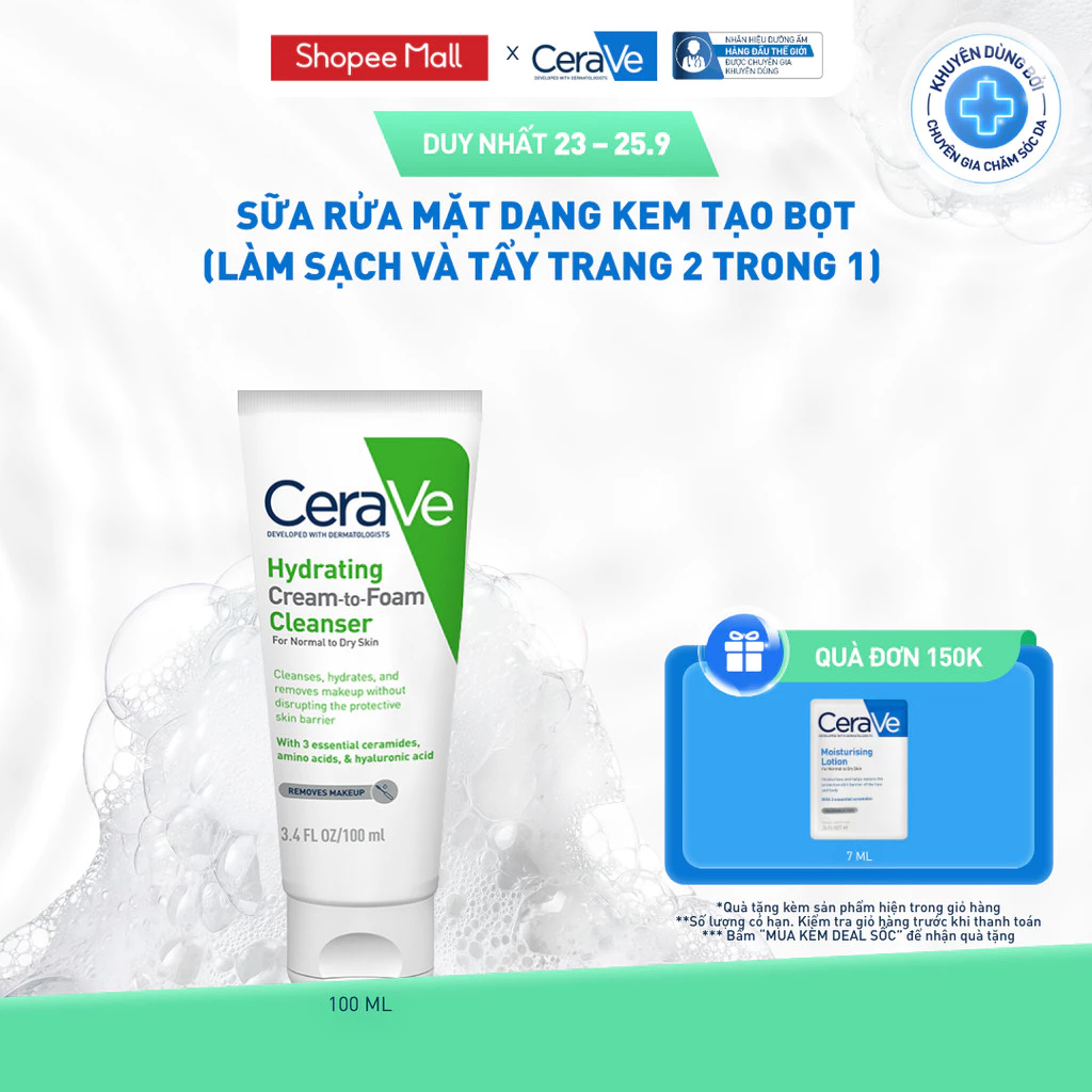 Sữa rửa mặt CeraVe dạng kem tạo bọt (làm sạch và tẩy trang 2 trong 1) Hydrating Cream-to-Foam Cleanser 100ml
