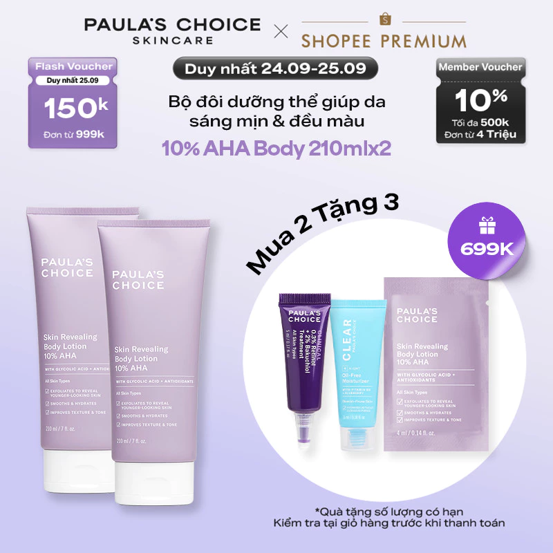 Bộ đôi Kem dưỡng thể làm sáng da chứa 10% AHA Paula's Choice Skin Revealing Body Lotion 10% AHA 210ml/chai - 5900-5900