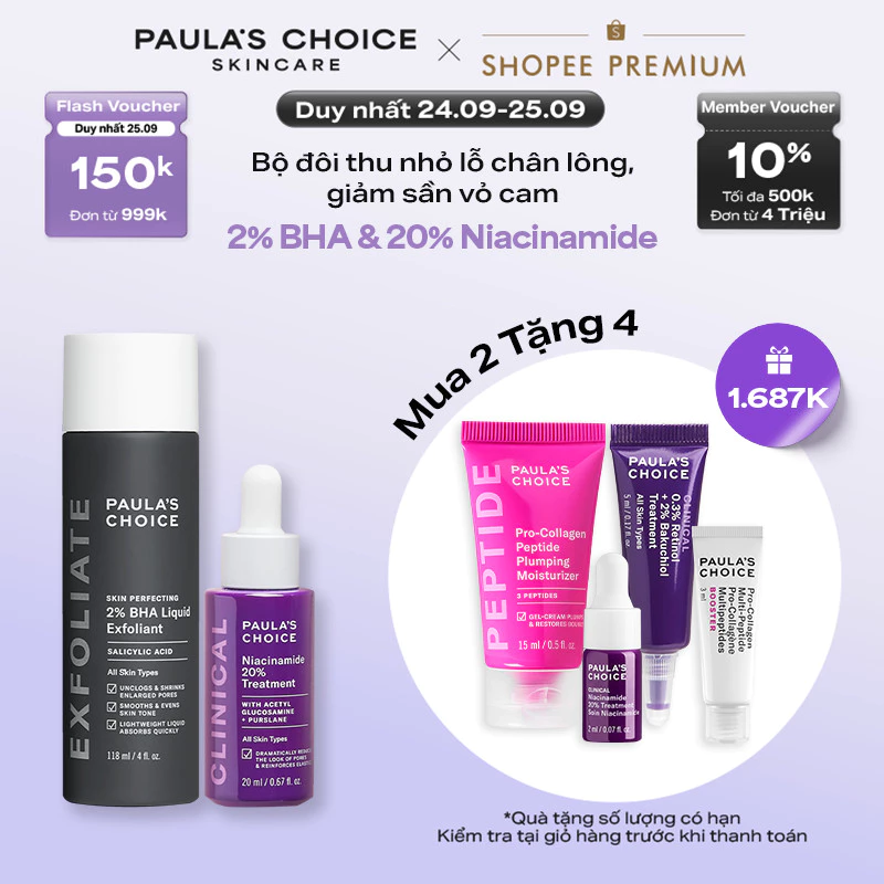 Bộ đôi thu nhỏ lỗ chân lông Paula's Choice Clinical Niacinamide 20% , Skin Perfecting 2% BHA Liquid Mã 8030-2010