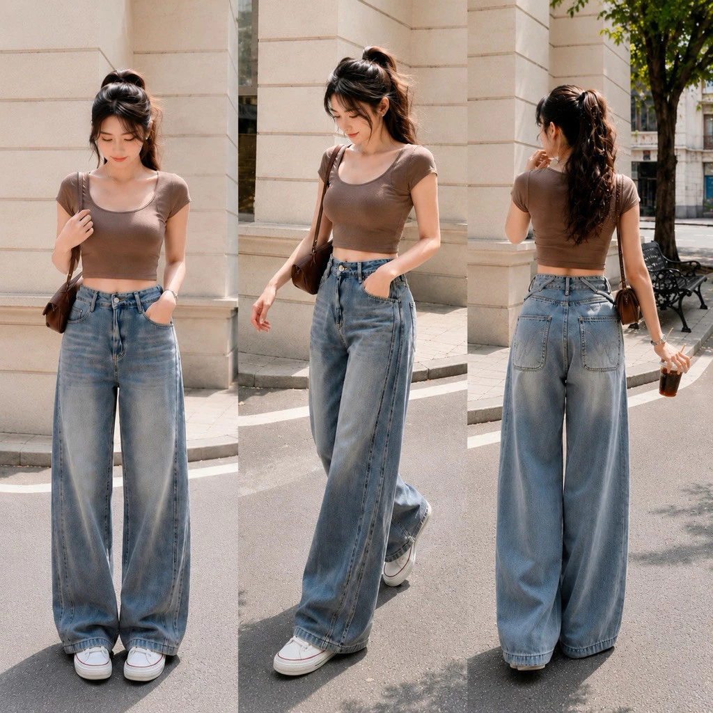 Quần Jean Nữ Ống Suông Rộng Phối Viền Chỉ Nổi MIN.CLUB 175