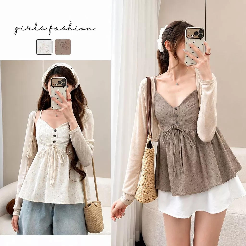 Set Áo Hai Dây Hoa Nhí Cổ V Kèm Áo Khoác Cardigan Nữ Form Babydoll Tiểu Thư Vintage Ulzzang Dễ Thương Cao Cấp
