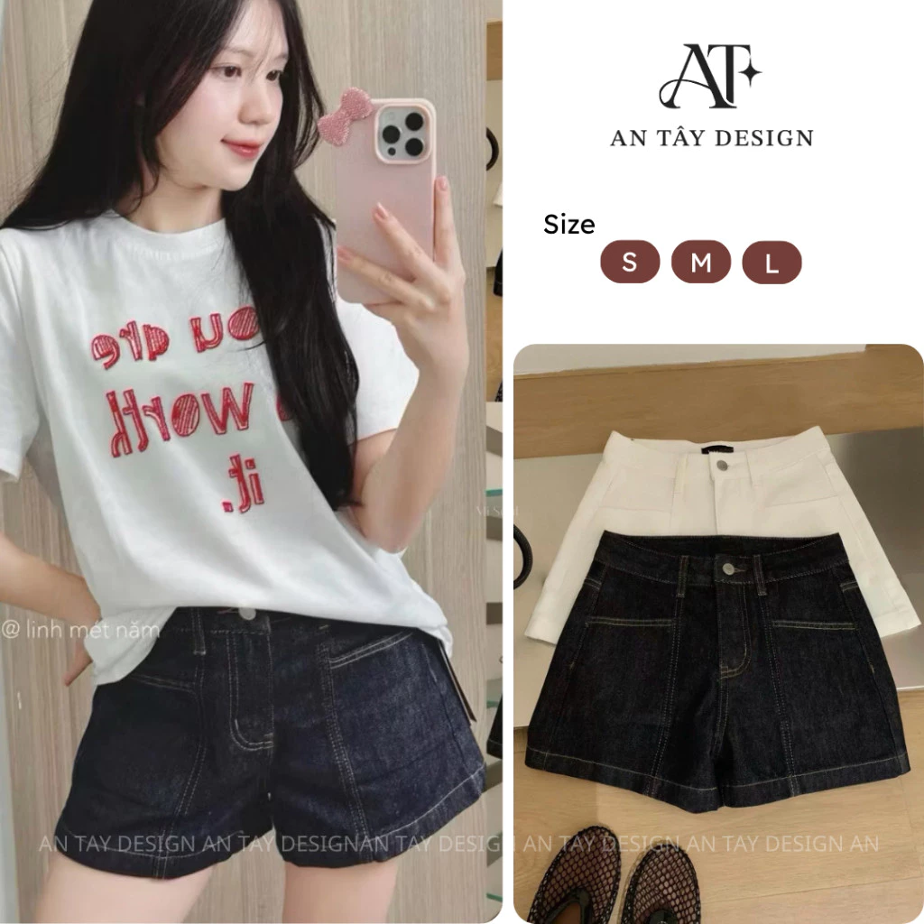 Quần Short Jean Nữ Cạp Cao Form A Quần Short Jean Xanh Than/Trắng Tôn Dáng, Hack Eo