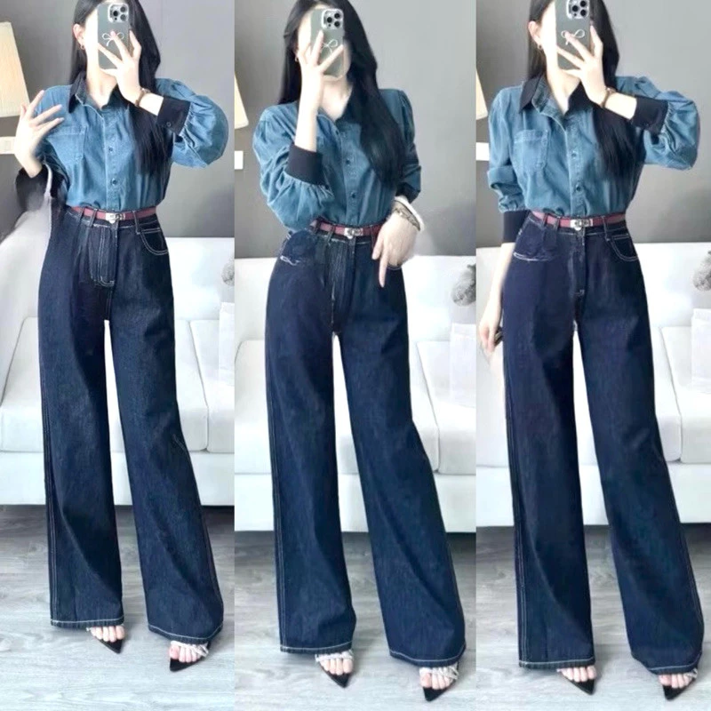 Quần Jeans Suông Rộng Màu Xanh Chỉ Trắng chất jeans Qc mềm WJeans037