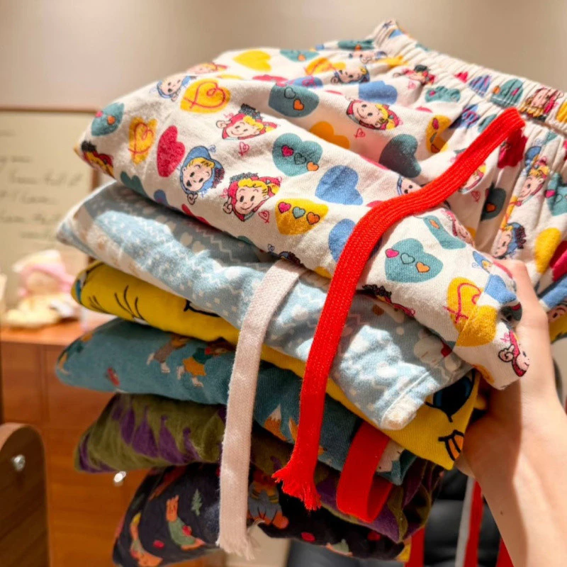 Màu Sắc Họa Tiết Hoạt Hình Chải Cotton Pyjama Quần Có Túi Dây Rút Có Thể Điều Chỉnh Rời Nhà Quần Thường Ngày
