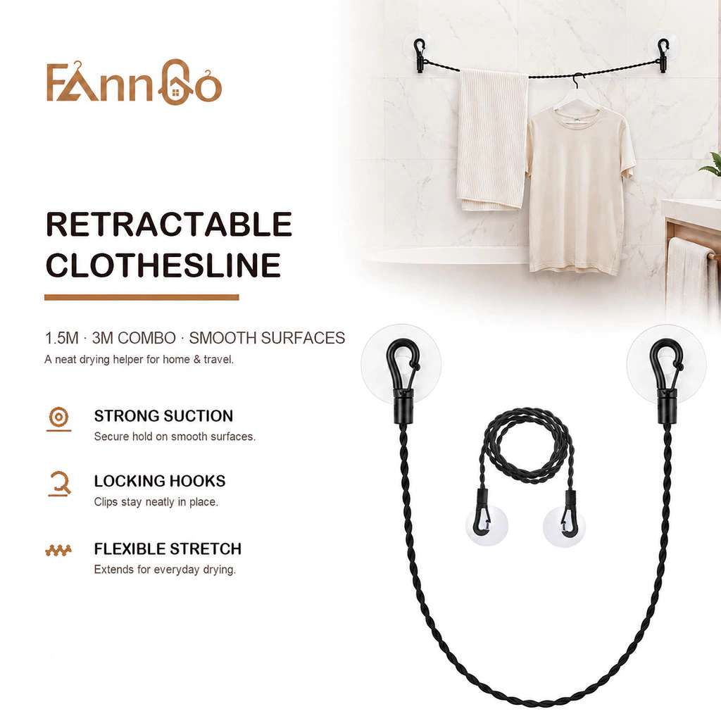 Dây phơi quần áo Bungee FannGo có giác hút Combo 1.5m Dây đơn 1.5m+3m Dây treo nhà tắm bề mặt nhẵn Di động dùng trong nhà, cắm trại, du lịch