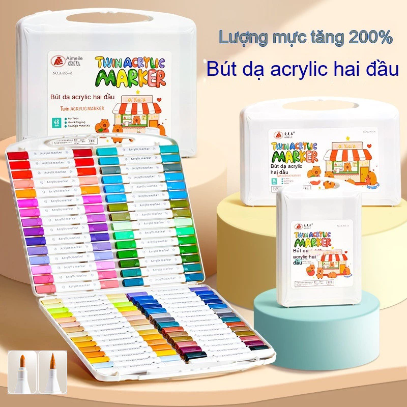 Bút đánh 2 dấu acrylic hai đầu của học sinh là nghệ thuật không trong suốt 48/60 đầu mềm/đầu cứng