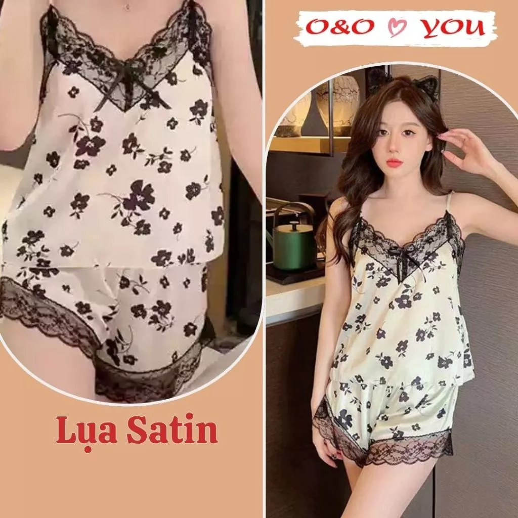 Set bộ quần áo ngủ 2 dây ren lụa ở nhà, quần short chun quảng châu, phong cách Nhật Bản A666 O&O