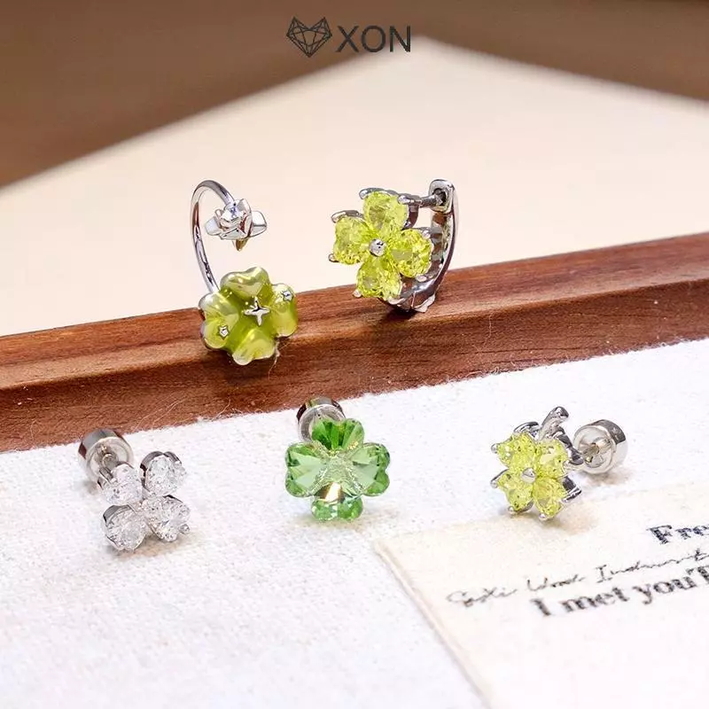 [XON] Bông tai nữ Luy Bốn lá cỏ ba lá Trang sức xương tai sáng tạo màu xanh lá cây cho ngày lễ Quà tặng lễ tình nhân Trang phục hàng ngày [Mina]