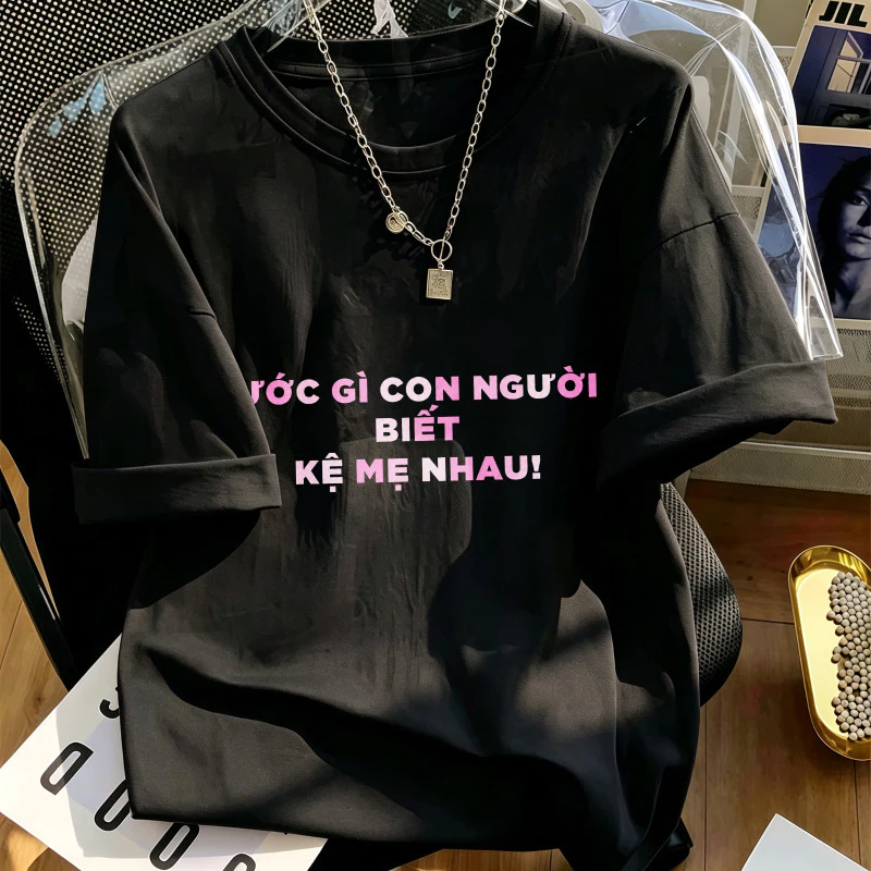 Áo thun nữ casual tay ngắn cổ tròn đen in chữ hài vải mềm mát mẻ kiểu đơn giản thời trang hàng ngày