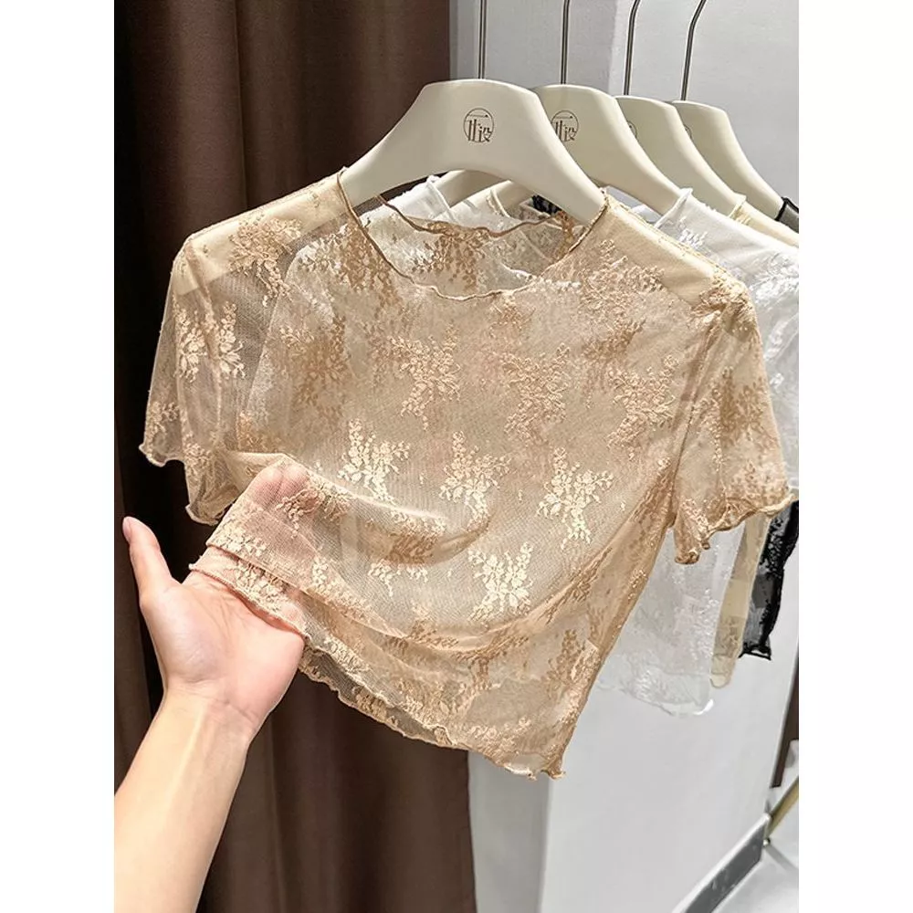Áo Nữ Hè Váy Yếm Ngắn Tà Lưới Mỏng Dáng Ngắn Tay Xuyên Thấu Ren Hở Rỗng Màu Trắng Đen Be Nâu