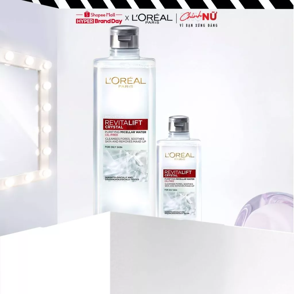 Bộ đôi Nước tẩy trang đa năng 3-in-1 L'Oreal Paris Crystal Revitalift Micellar cho da dầu mụn 400ml & 95ml