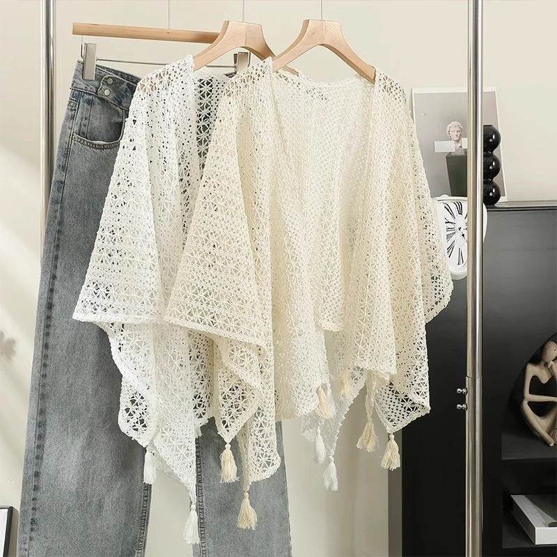 Áo Khoác Ren Dệt Kim Họa Tiết Bohemian - Thiết Kế Tua Rua Phong Cách, Form Rộng Free Size, Sang Trọng Đi Du Lịch
