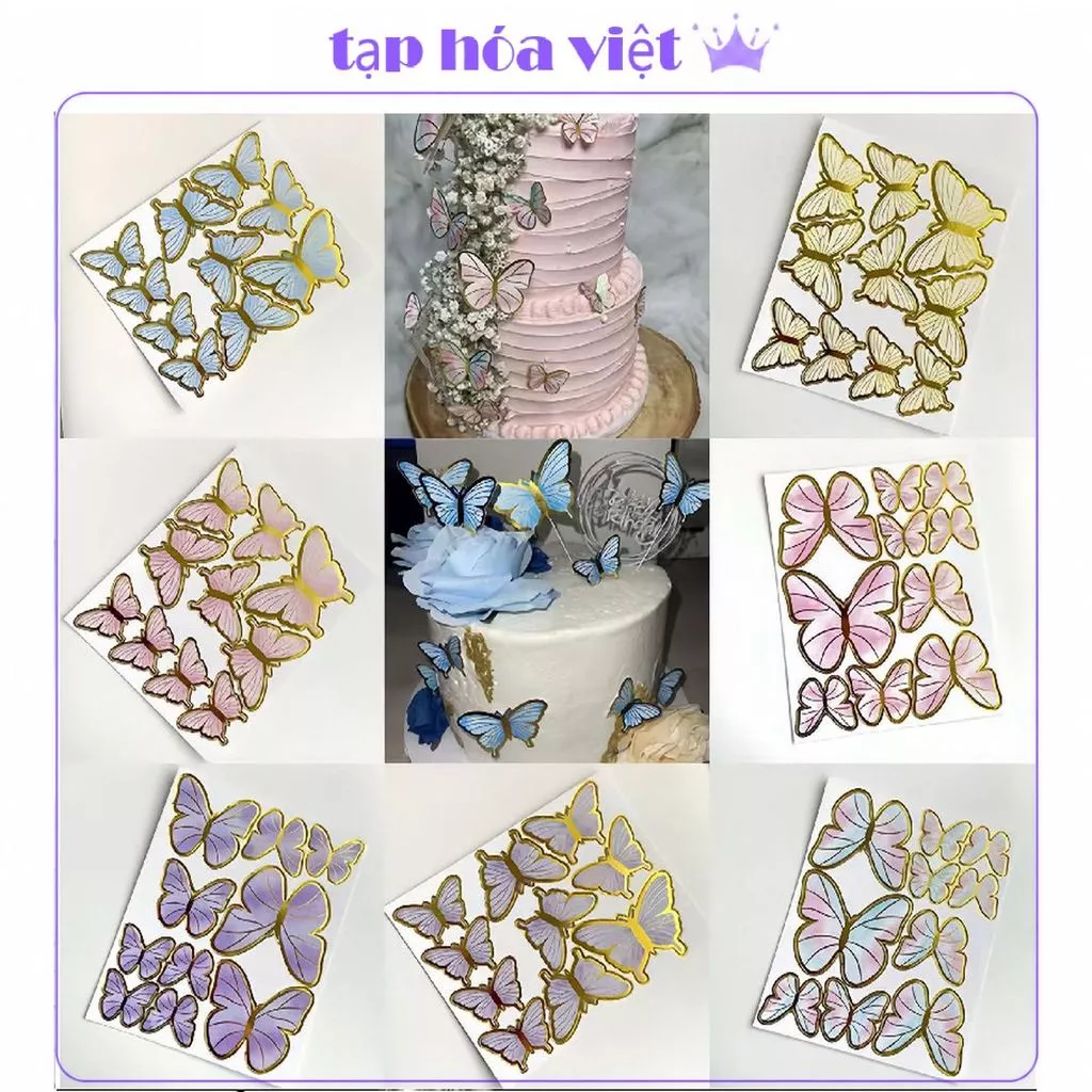 (10 VỈ) SET BƯỚM GIẤY trang trí bánh sinh nhật (que sắt), vỉ bướm trang trí decor
