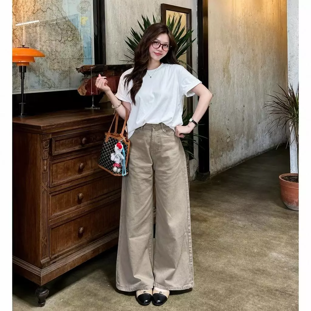 Quần jeans ống rộng cạp cao thời trang, chất denim đứng form