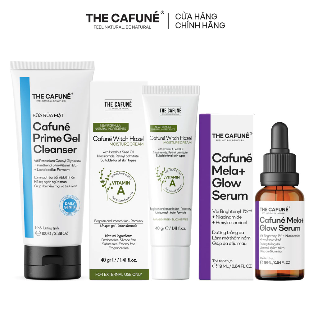 [COMBO GIẢM 41%] Combo 3 Bước Mờ Thâm Nám Cafuné: Sữa Rửa Mặt Prime + Serum Nám Mela+ Glow + Kem Dưỡng Ẩm Witch Hazel