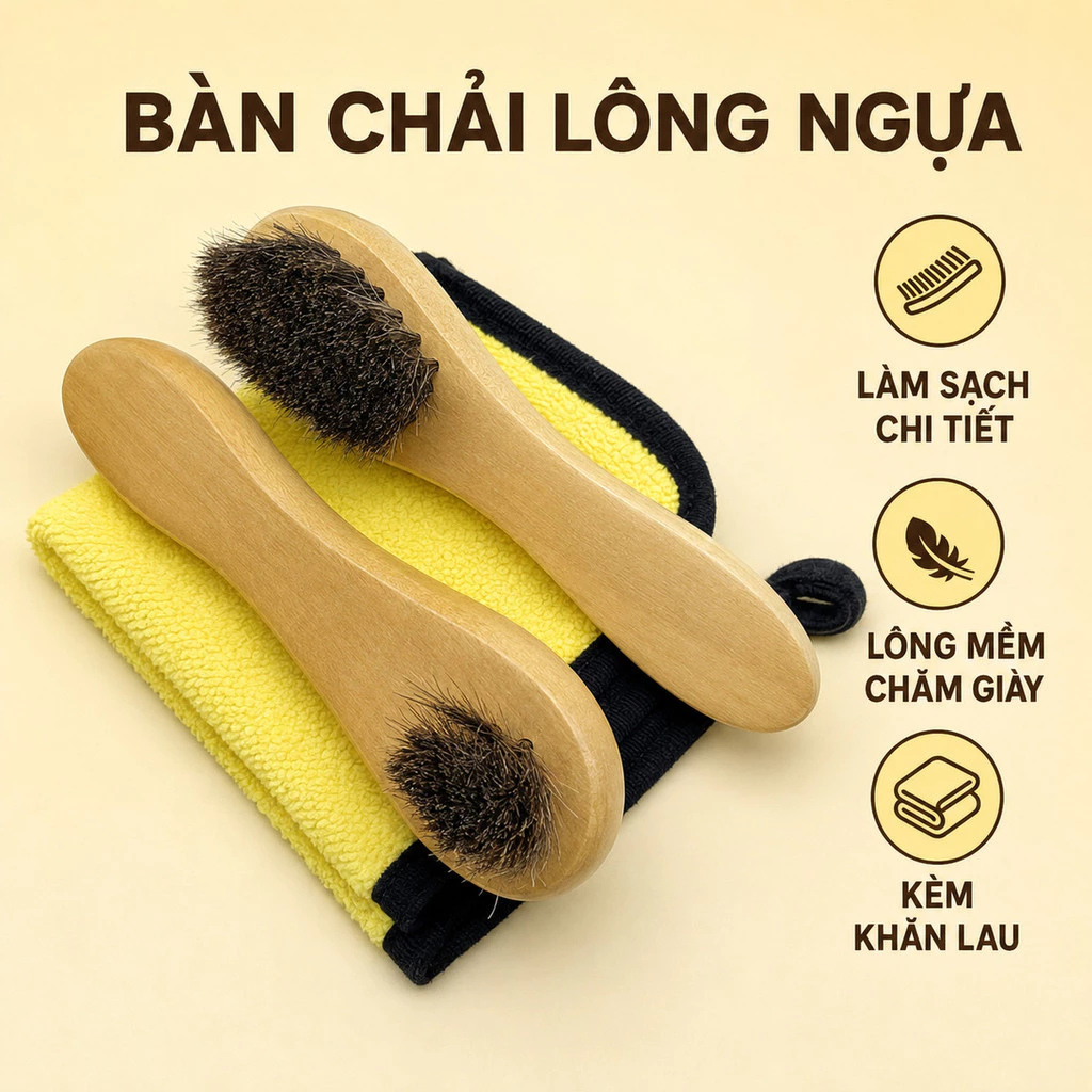Bàn Chải Đánh Giày Lông Ngựa Chi Tiết Nhỏ Kèm Khăn Lau Giày Chuyên Dụng