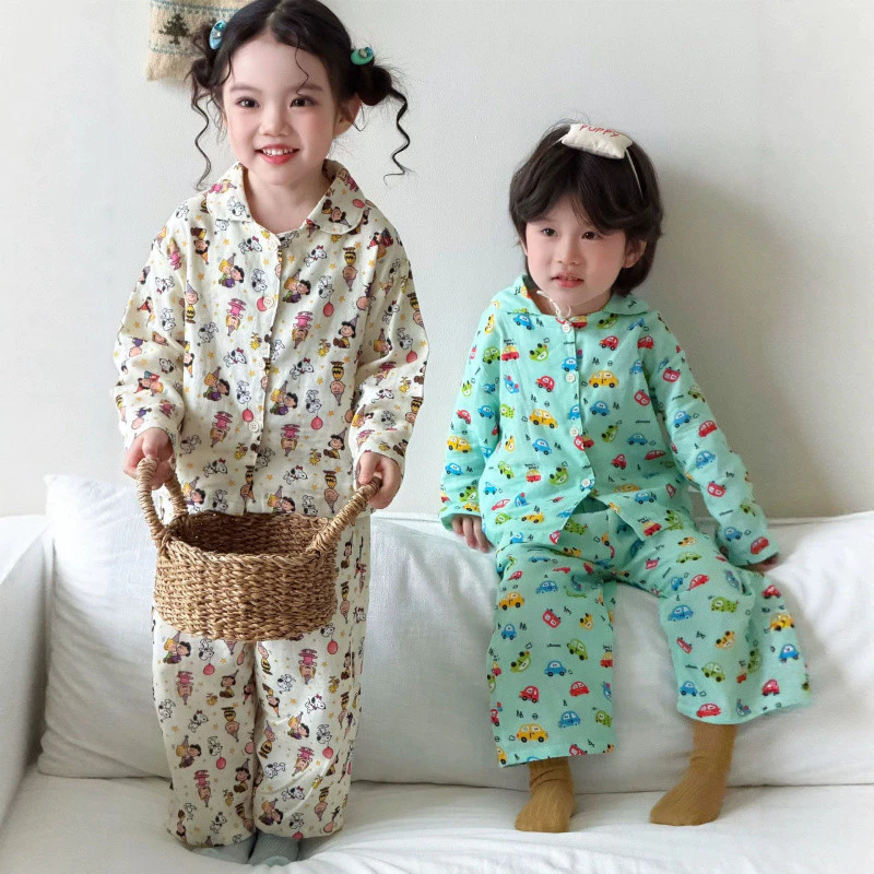 [Bộ đồ ngủ bằng sợi cotton] Bộ đồ ngủ gạc hai lớp dành cho cha mẹ và con cái loại a Bộ đồ ngủ dài tay bằng cotton nguyên chất
