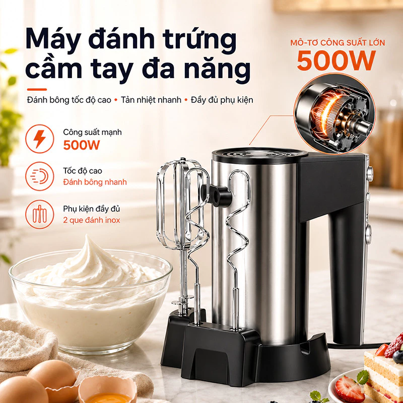 Máy đánh trứng cầm tay đa chức năng / trộn, 5 tốc độ, lý tưởng để nướng bánh và đánh bột tốc độ cao