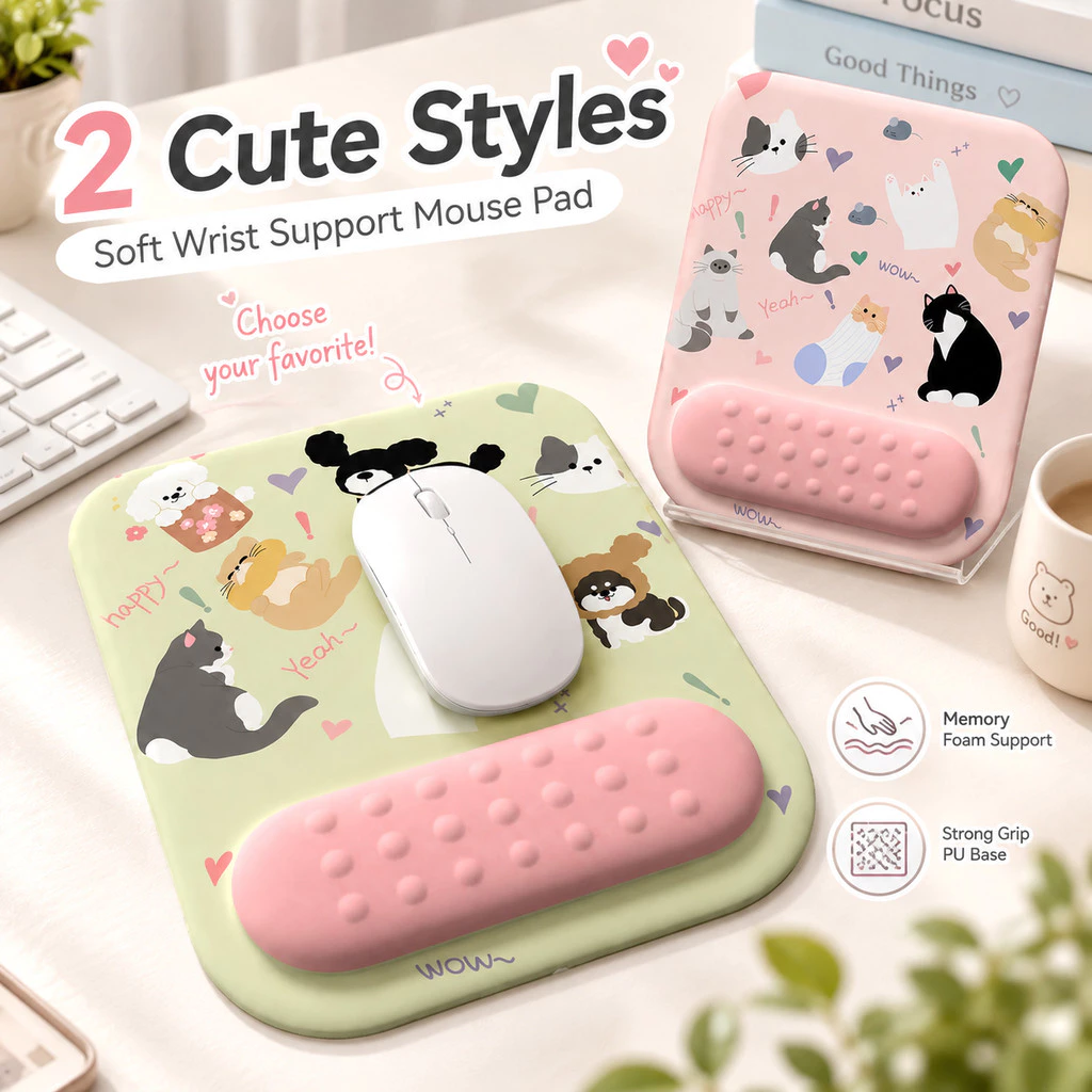 Lót Chuột Đệm Cổ Tay Hình Mèo Chó 22.5x25cm Memory Foam Đàn Hồi Đế PU Chống Trượt Làm Việc Học Tập 2 Mẫu