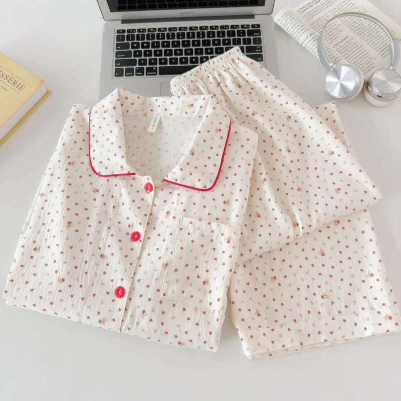 Bộ Đồ Ngủ Cotton Mây Nữ Xuân Thu Nhật Bản Phong Cách Ngọt Ngào Dài Tay Quần Dài Tay Bộ Đồ Gia Đình