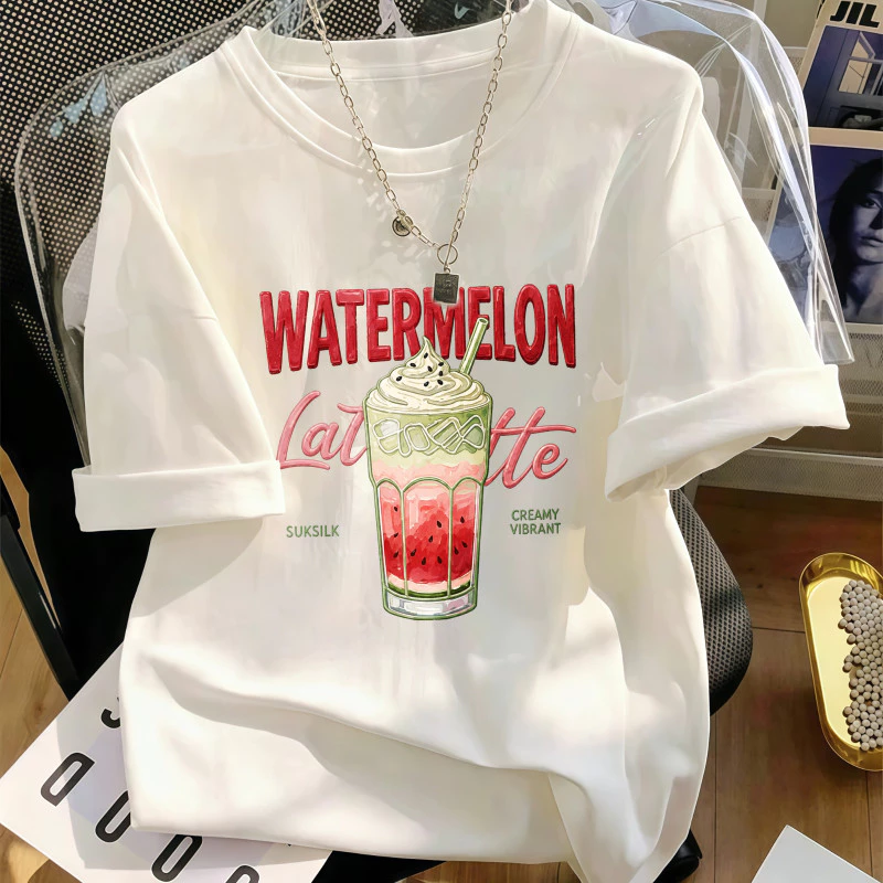 Áo thun nữ cổ tròn tay ngắn in hình nước dưa hấu latte vải cao cấp thoáng mát thoải mái phong cách casual hàng ngày