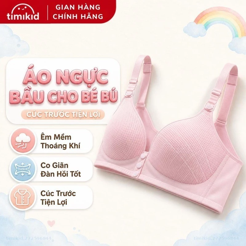 Áo Ngực Bầu Cho Bé Bú, Không Gọng Có Cúc Trước Tiện Lợi - Áo Lót Bầu Su Đúc, Thông Hơi, Co Giãn, Đàn Hồi Tốt - Timikid