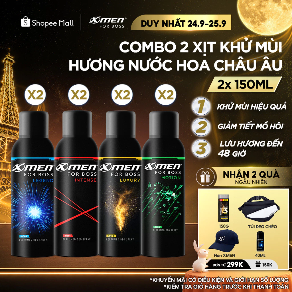 Combo 2 Xịt Khử Mùi X-Men For Boss 150ml/chai(Intense/Luxury/Legend/Motion) - Hương Nước Hoa Châu Âu