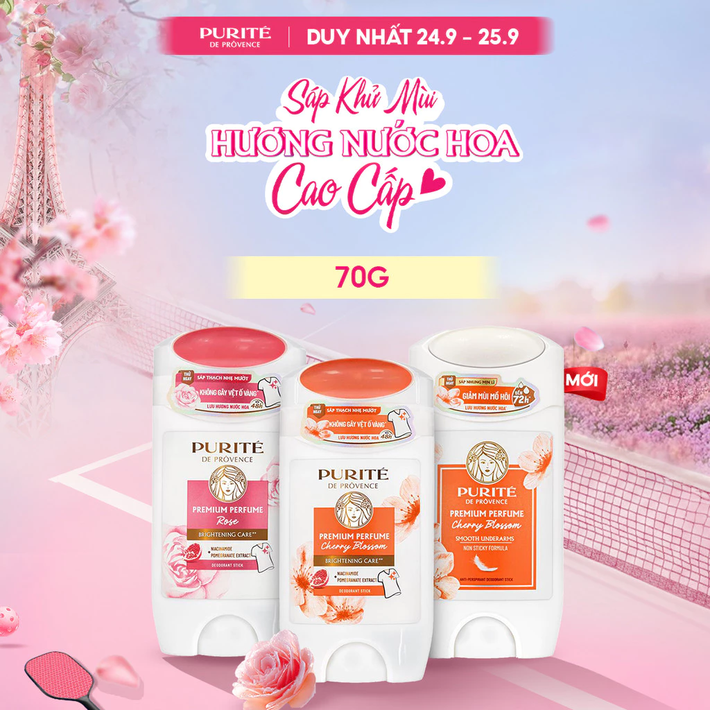 [MỚI] Sáp Khử Mùi Purité Hương Nước Hoa Cao Cấp Dưỡng Sáng Hoa Anh Đào / Hoa Hồng 70G (Sáp Hồng / Sáp Trắng)
